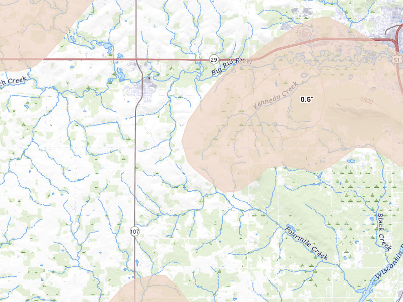 Radar-estimated hail-size map of the storm over Marathon, WI on Jun 10, 2026