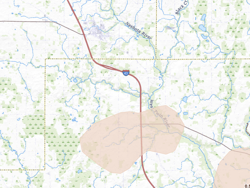 Radar-estimated hail-size map of the storm over Maribel, WI on Jul 1, 2026