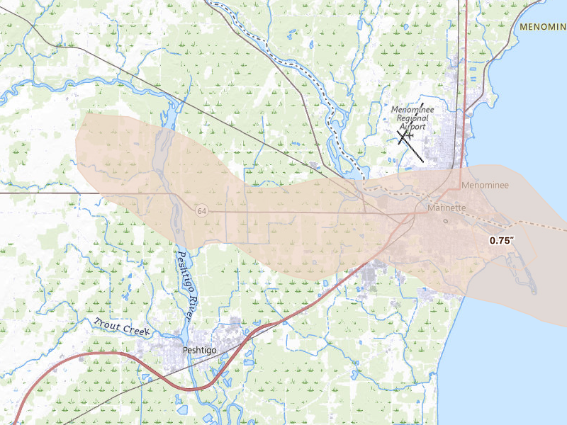 Radar-estimated hail-size map of the storm over Marinette, WI on Aug 18, 2026