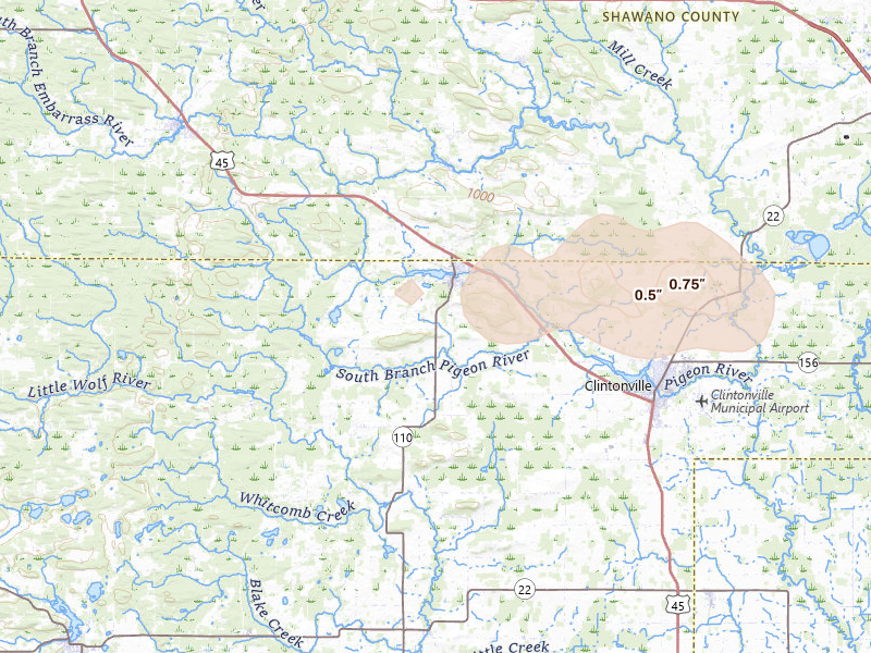 Radar-estimated hail-size map of the storm over Marion, WI on Mar 30, 2026