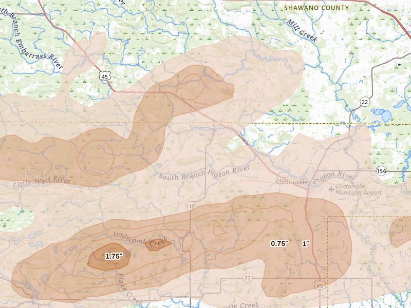 Radar-estimated hail-size map of the storm over Marion, WI on Apr 13, 2026
