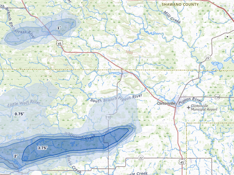 NEXRAD radar-signature map of the hail over Marion, WI