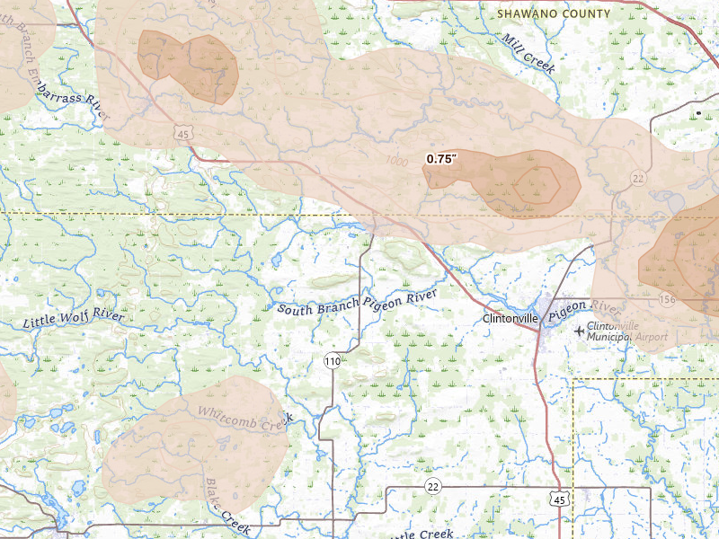 Radar-estimated hail-size map of the storm over Marion, WI on Jun 10, 2026
