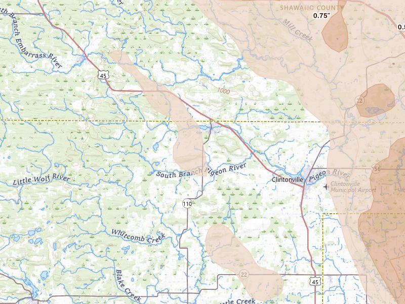 Radar-estimated hail-size map of the storm over Marion, WI on Jul 27, 2026