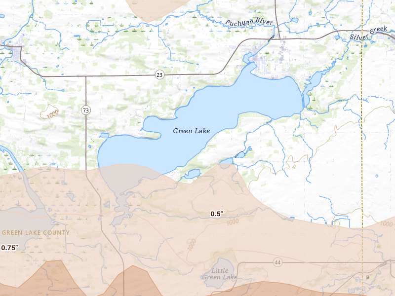 Radar-estimated hail-size map of the storm over Markesan, WI on Jul 1, 2026
