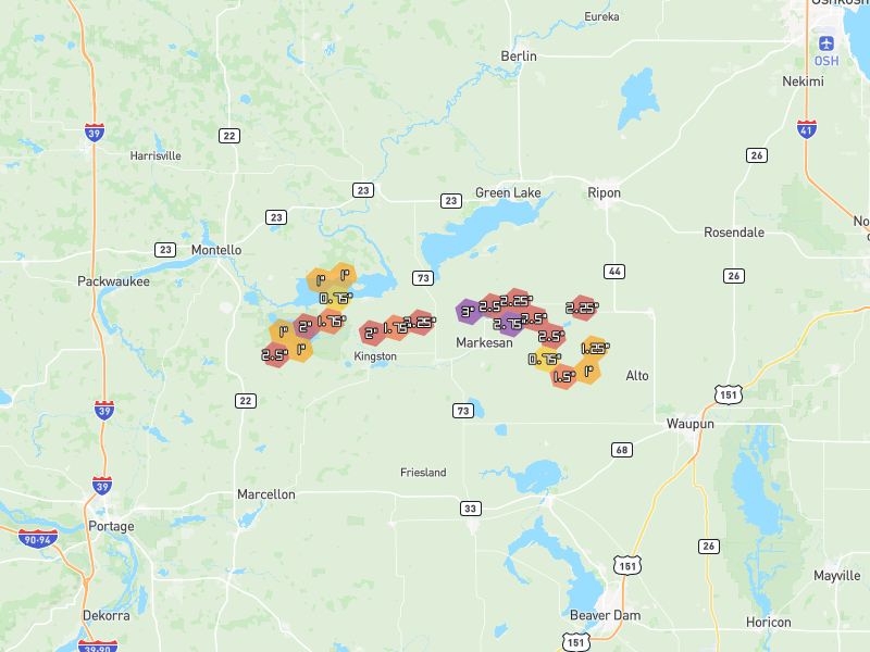 Hail map of Markesan, WI on Jul 1, 2026, hail up to 3"