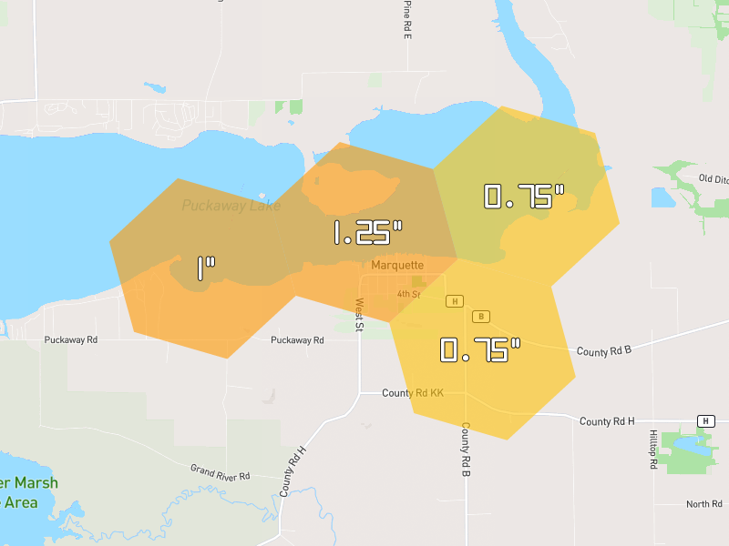 Hail map of Marquette, WI on Jun 6, 2026, hail up to 1.25"