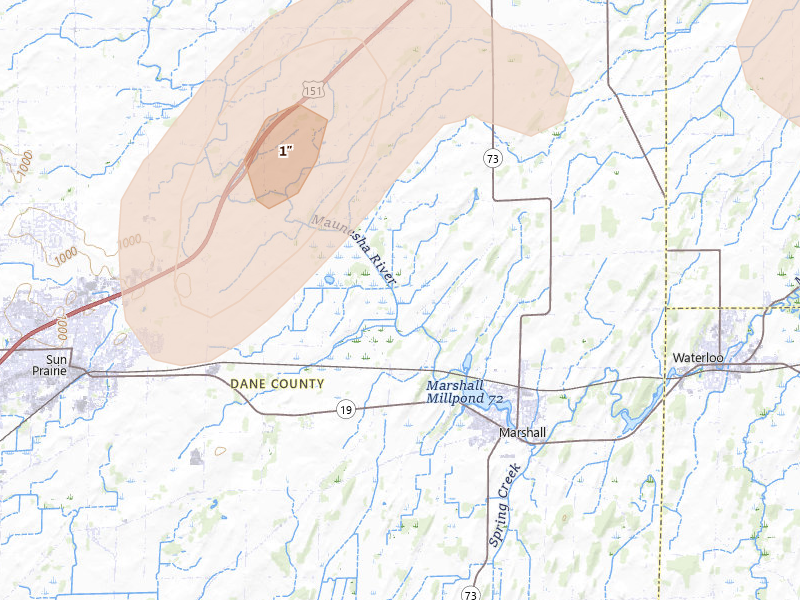 Radar-estimated hail-size map of the storm over Marshall, WI on Jul 2, 2026