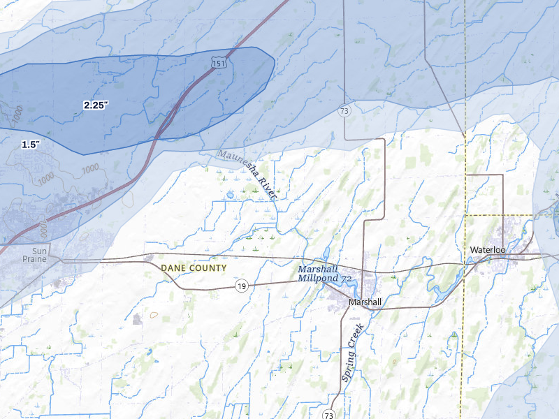 NEXRAD radar-signature map of the hail storm over Marshall, WI on Jul 2, 2026