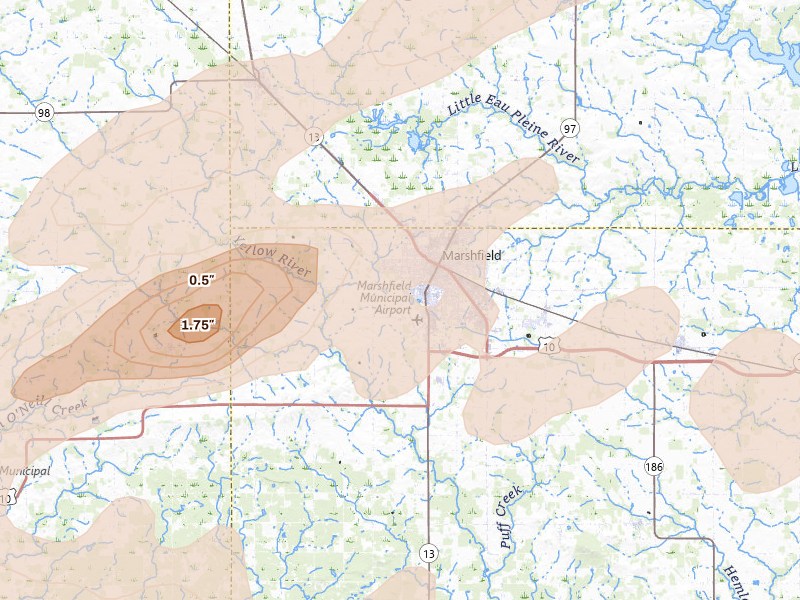 Radar-estimated hail-size map of the storm over Marshfield, WI on Apr 13, 2026