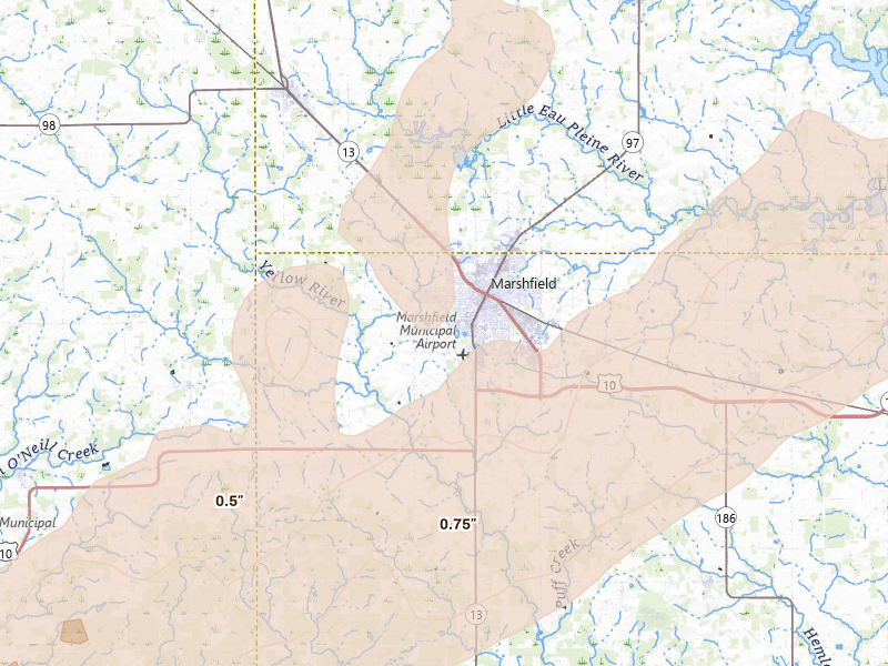 Radar-estimated hail-size map of the storm over Marshfield, WI on Apr 17, 2026
