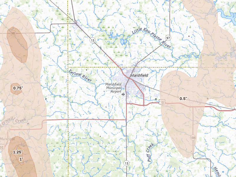 Radar-estimated hail-size map of the storm over Marshfield, WI on May 27, 2026