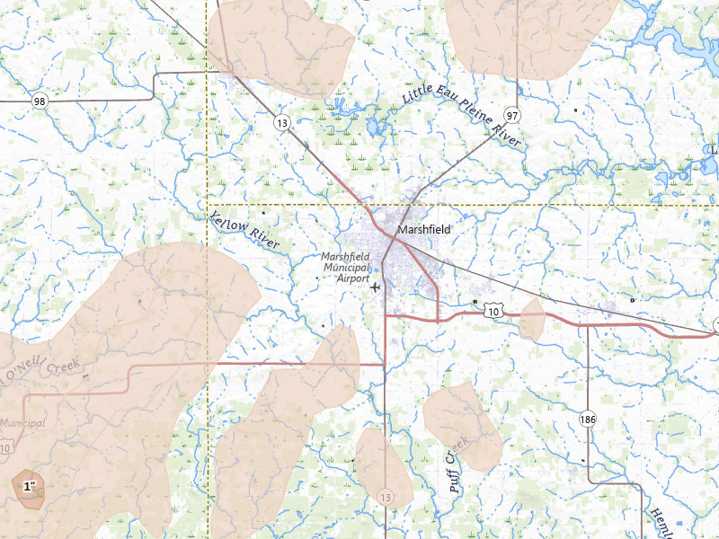 Radar-estimated hail-size map of the storm over Marshfield, WI on Jun 10, 2026