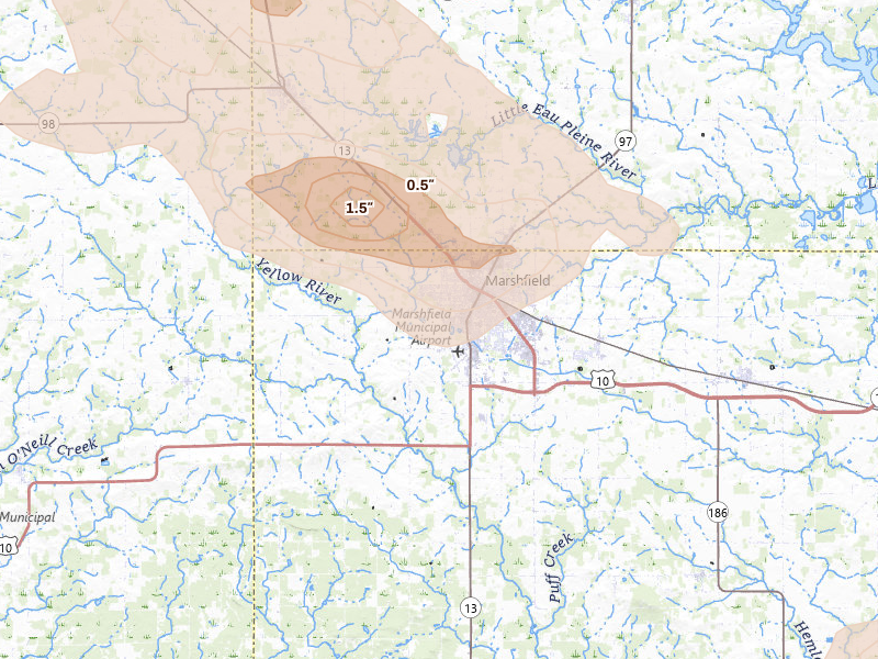 Radar-estimated hail-size map of the storm over Marshfield, WI on Jun 24, 2026