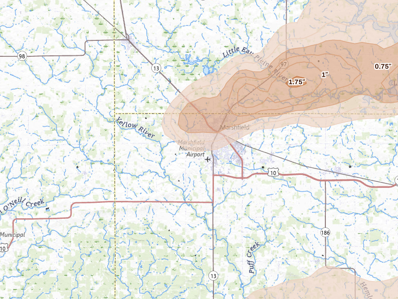 Radar-estimated hail-size map of the storm over Marshfield, WI on Jun 30, 2026
