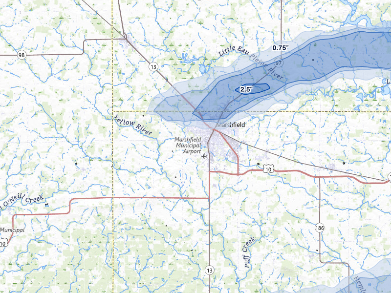 NEXRAD radar-signature map of the hail storm over Marshfield, WI on Jun 30, 2026