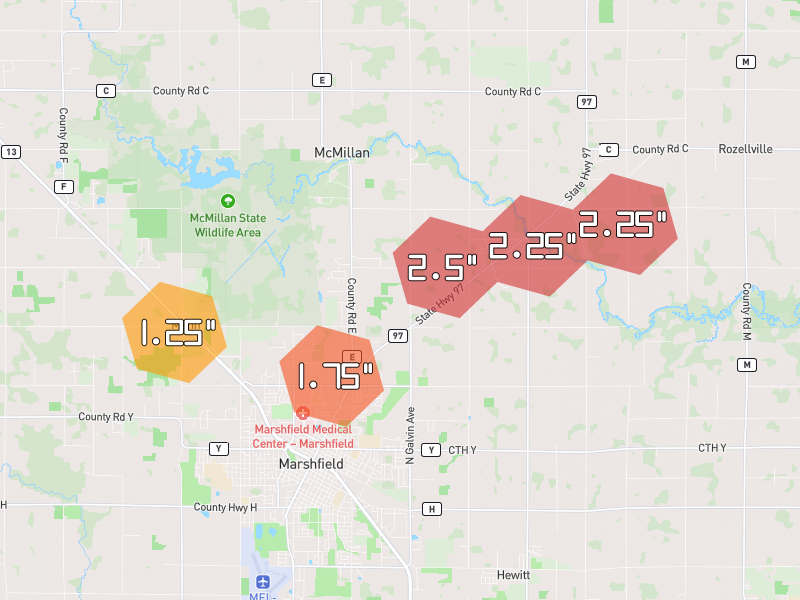 Hail map of Marshfield, WI on Jun 30, 2026, hail up to 2.5"