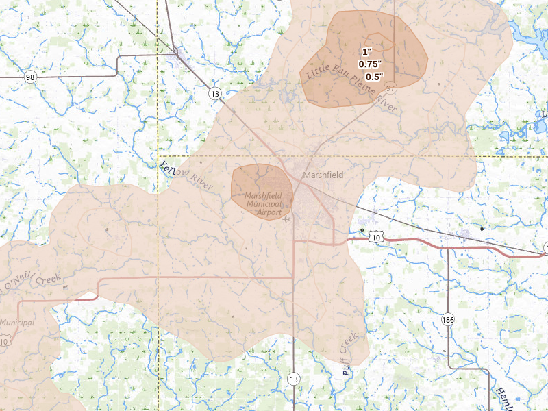 Radar-estimated hail-size map of the storm over Marshfield, WI