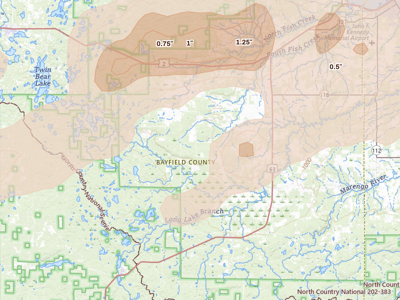 Radar-estimated hail-size map of the storm over Mason, WI on Jun 29, 2026