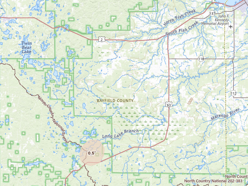 Radar-estimated hail-size map of the storm over Mason, WI on Jul 3, 2026