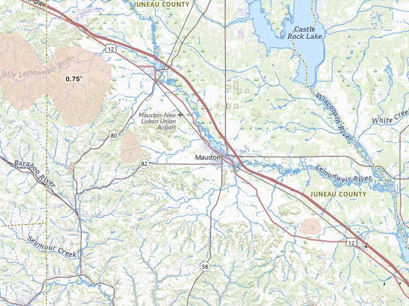Radar-estimated hail-size map of the storm over Mauston, WI on Jun 5, 2026