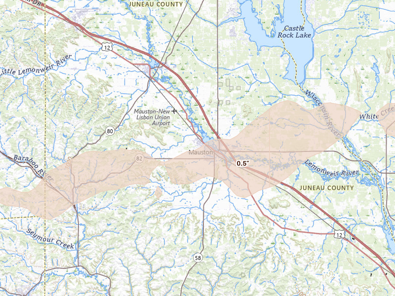 Radar-estimated hail-size map of the storm over Mauston, WI on Jun 30, 2026