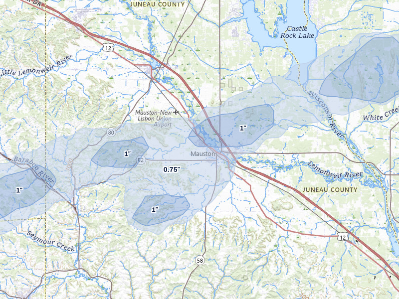 NEXRAD radar-signature map of the hail storm over Mauston, WI on Jun 30, 2026