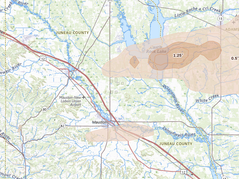 Radar-estimated hail-size map of the storm over Mauston, WI on Sep 1, 2026