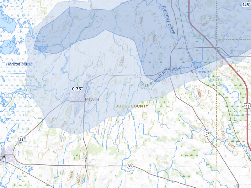 NEXRAD radar-signature map of the hail storm over Mayville, WI on May 15, 2026