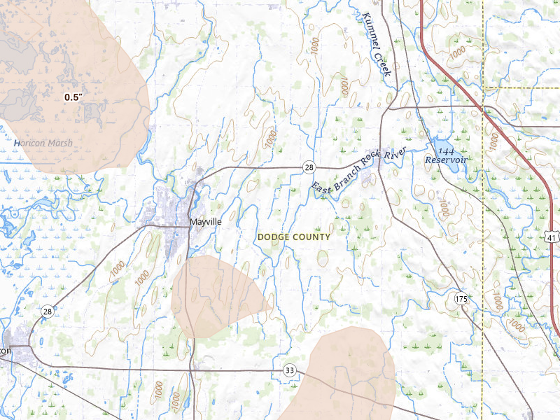 Radar-estimated hail-size map of the storm over Mayville, WI on Jun 24, 2026