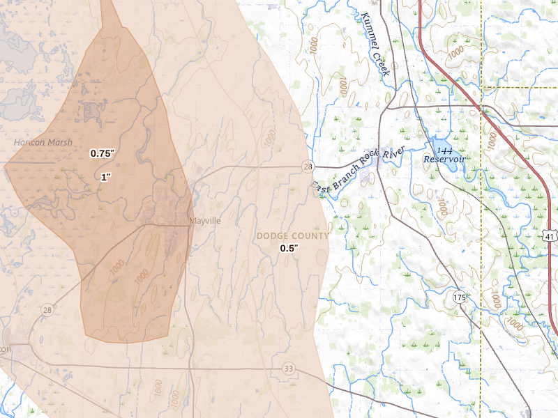 Radar-estimated hail-size map of the storm over Mayville, WI on Jul 27, 2026