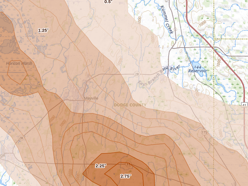 Radar-estimated hail-size map of the storm over Mayville, WI