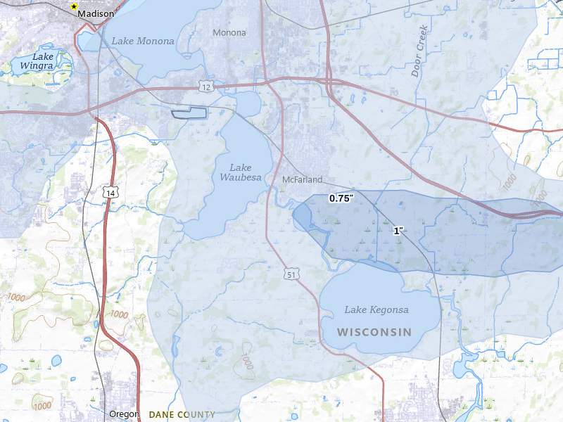 NEXRAD radar-signature map of the hail over Mc Farland, WI