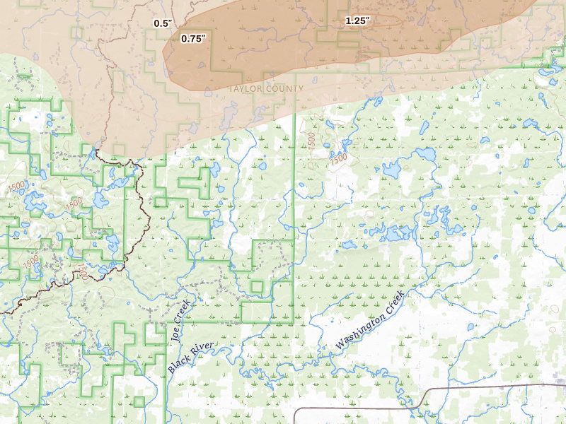 Radar-estimated hail-size map of the storm over Medford, WI on Apr 13, 2026