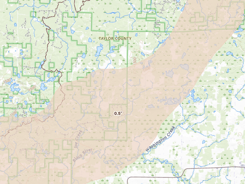 Radar-estimated hail-size map of the storm over Medford, WI on Apr 17, 2026
