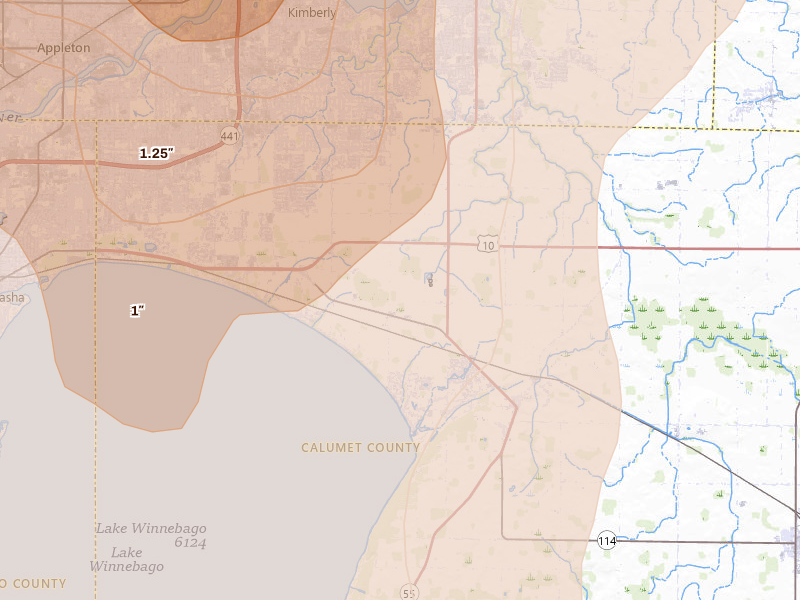Radar-estimated hail-size map of the storm over Menasha, WI on Jul 27, 2026