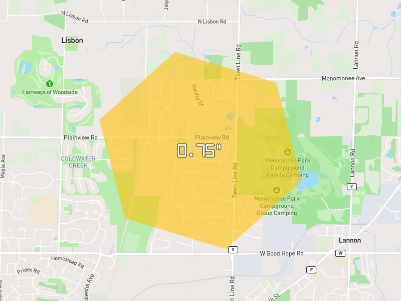 Hail map of Menomonee Falls, WI on Jul 2, 2026, hail up to 0.75"