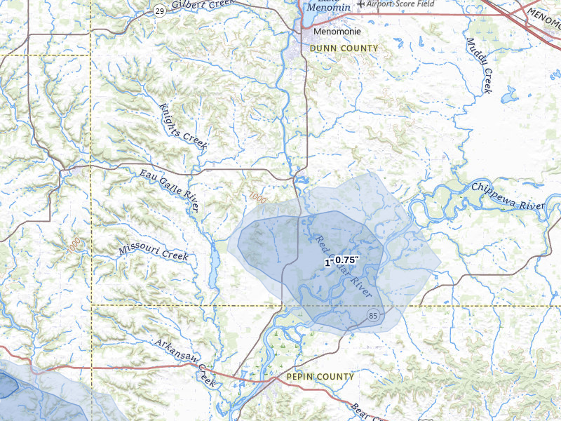 NEXRAD radar-signature map of the hail storm over Menomonie, WI on Jun 5, 2026