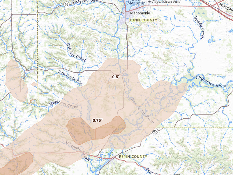 Radar-estimated hail-size map of the storm over Menomonie, WI on Jun 10, 2026