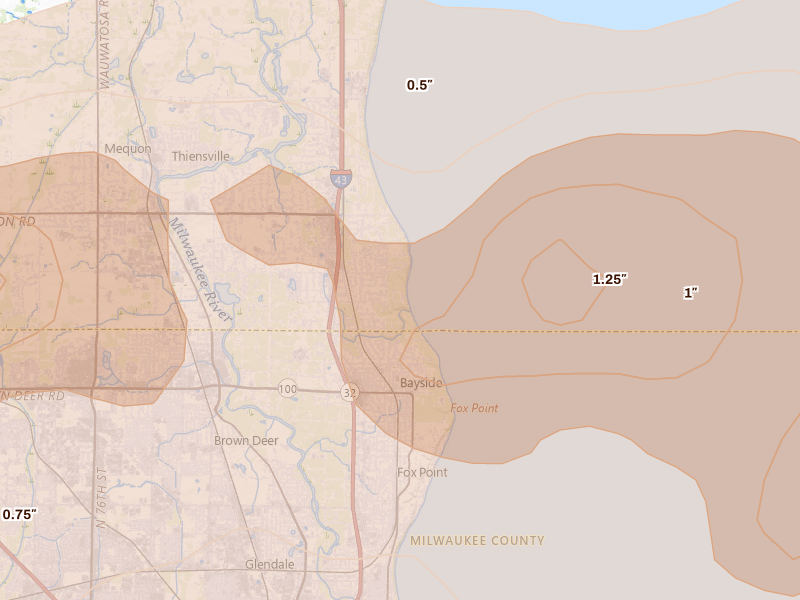 Radar-estimated hail-size map of the storm over Mequon, WI