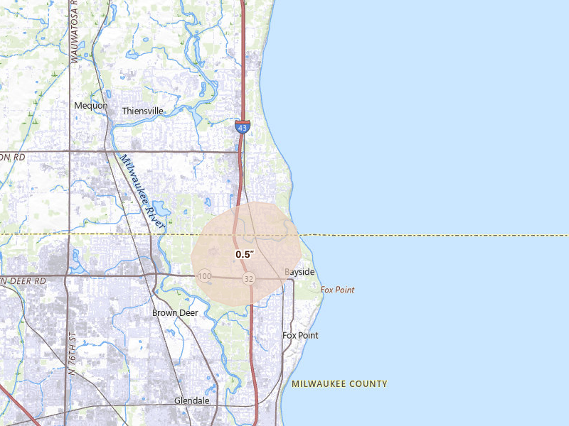 Radar-estimated hail-size map of the storm over Mequon, WI on Jun 10, 2026