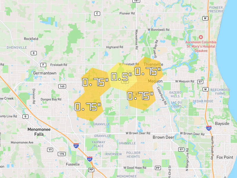 Hail map of Mequon, WI on Jul 3, 2026, hail up to 0.75"