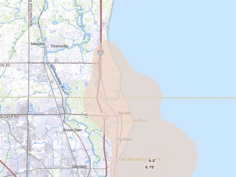Radar-estimated hail-size map of the storm over Mequon, WI on Jul 27, 2026