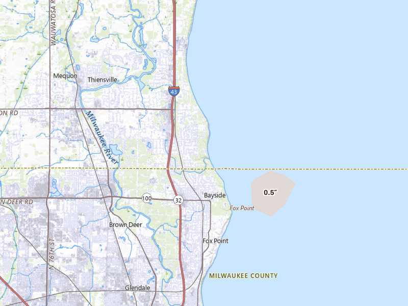Radar-estimated hail-size map of the storm over Mequon, WI on Aug 7, 2026