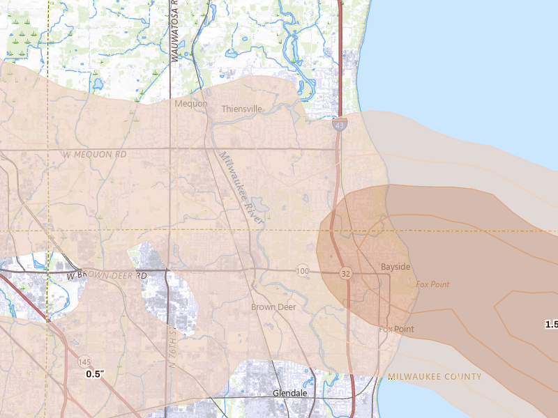 Radar-estimated hail-size map of the storm over Mequon, WI on Sep 3, 2026