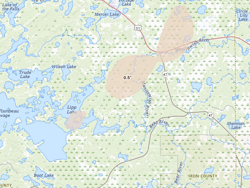 Radar-estimated hail-size map of the storm over Mercer, WI on Apr 17, 2026