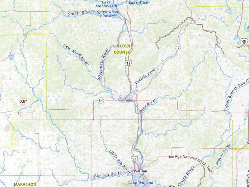Radar-estimated hail-size map of the storm over Merrill, WI on May 17, 2026
