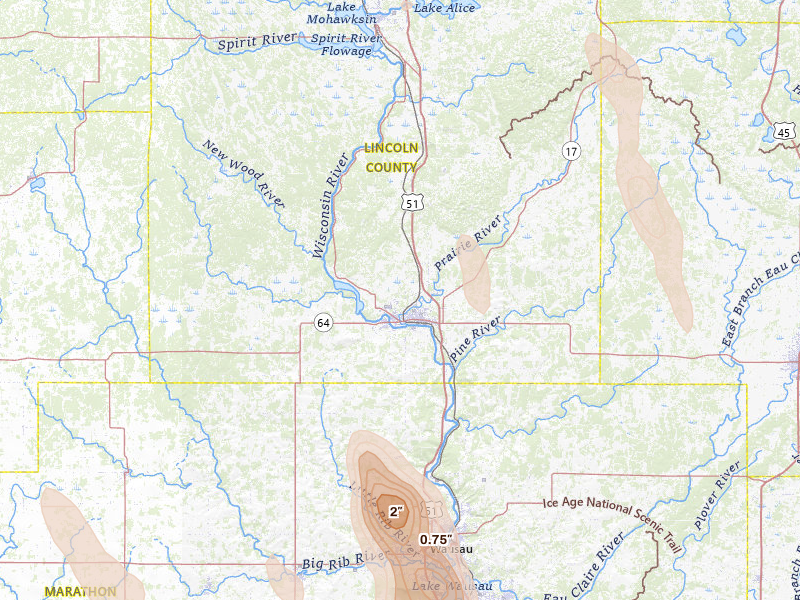 Radar-estimated hail-size map of the storm over Merrill, WI on May 27, 2026