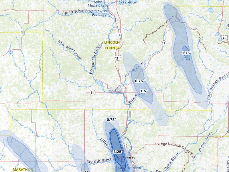 NEXRAD radar-signature map of the hail storm over Merrill, WI on May 27, 2026