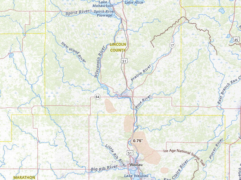 Radar-estimated hail-size map of the storm over Merrill, WI on Jul 26, 2026